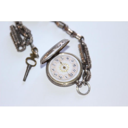 672 - LADIES SILVER FOB WATCH AND CHAIN