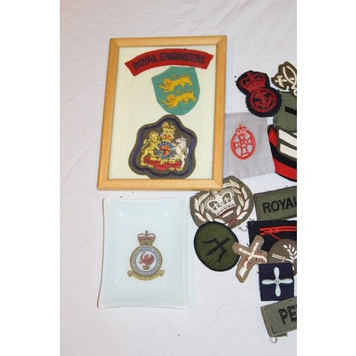 400 - LARGE QUANTITY OF MILITARY PATCH BADGES, MILITARY ASH TRAY AND FRAMED BADGE