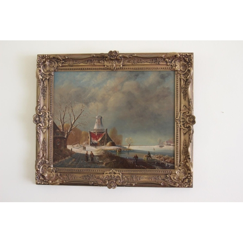 240 - ANTIQUE PIETER VAN STRAATEN OIL ON BOARD - A WINTER LANDSCAPE WITH A WINDMILL FIGURES