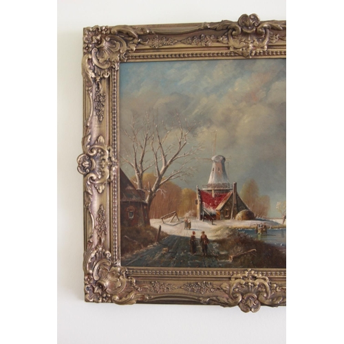 240 - ANTIQUE PIETER VAN STRAATEN OIL ON BOARD - A WINTER LANDSCAPE WITH A WINDMILL FIGURES