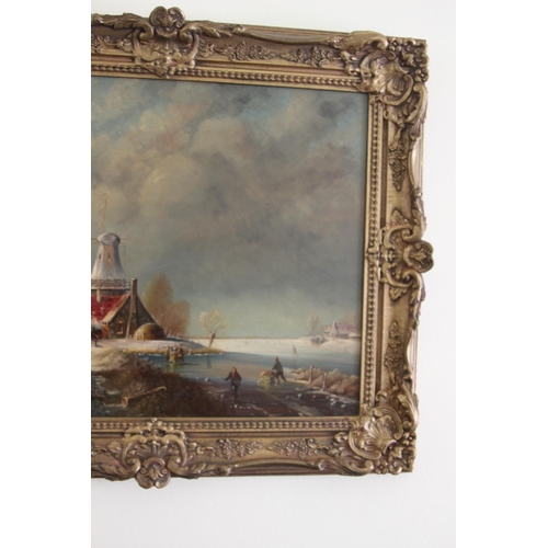 240 - ANTIQUE PIETER VAN STRAATEN OIL ON BOARD - A WINTER LANDSCAPE WITH A WINDMILL FIGURES