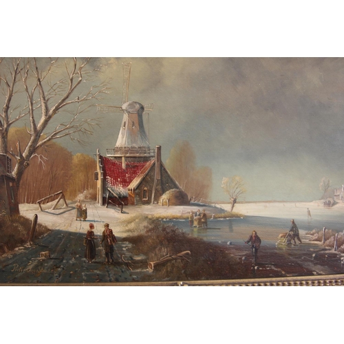 240 - ANTIQUE PIETER VAN STRAATEN OIL ON BOARD - A WINTER LANDSCAPE WITH A WINDMILL FIGURES