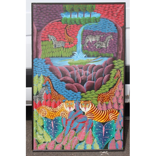 164 - LARGE OIL ON CANVAS JUNGLE ANIMALS SIGNED HAITI V CELESTIN 
145 X 91CM