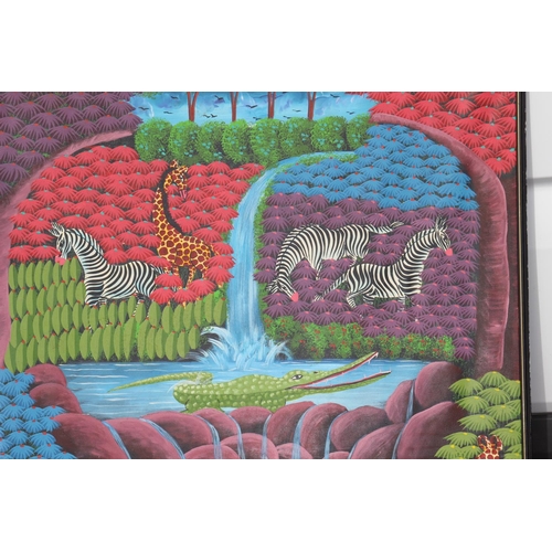 164 - LARGE OIL ON CANVAS JUNGLE ANIMALS SIGNED HAITI V CELESTIN 
145 X 91CM