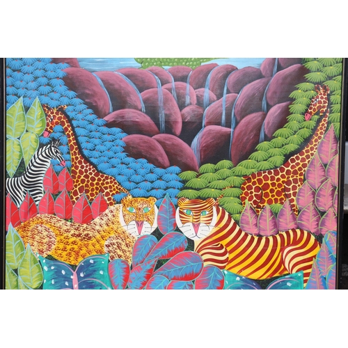 164 - LARGE OIL ON CANVAS JUNGLE ANIMALS SIGNED HAITI V CELESTIN 
145 X 91CM