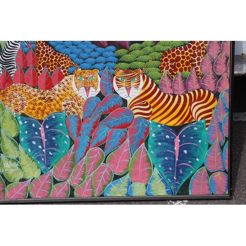 164 - LARGE OIL ON CANVAS JUNGLE ANIMALS SIGNED HAITI V CELESTIN 
145 X 91CM