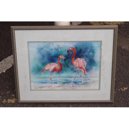 182 - SIGNED WATERCOLOUR OF FLAMINGOS
54 X 44CM