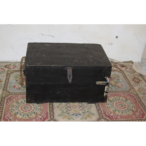 37 - VINTAGE WOODEN TRUNK AND CONTENTS 
77 X 53 X 42CM