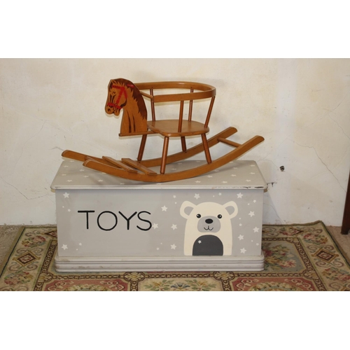 25 - PAINTED TOY TRUNK AND VINTAGE SMALL ROCKING HORSE 
48 X 102 X 45CM