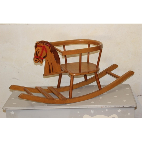 25 - PAINTED TOY TRUNK AND VINTAGE SMALL ROCKING HORSE 
48 X 102 X 45CM