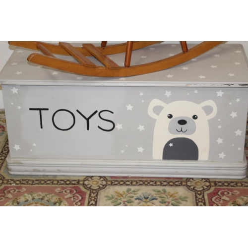 25 - PAINTED TOY TRUNK AND VINTAGE SMALL ROCKING HORSE 
48 X 102 X 45CM