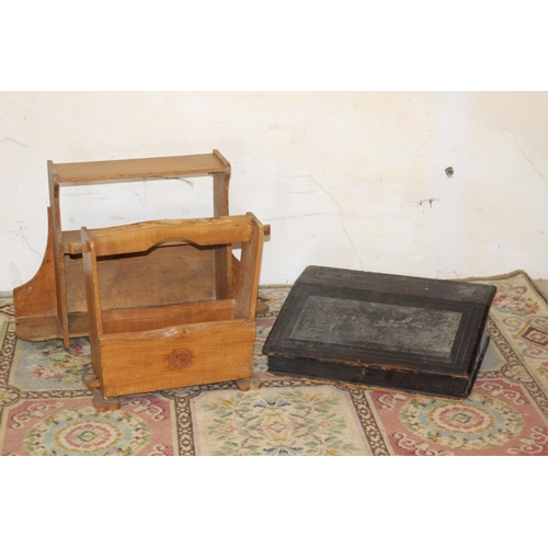 41 - ANTIQUE WRITING SLOPE, MAGAZINE RACK AND SHELF 
69 X 47 X 16CM