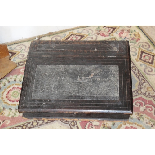 41 - ANTIQUE WRITING SLOPE, MAGAZINE RACK AND SHELF 
69 X 47 X 16CM