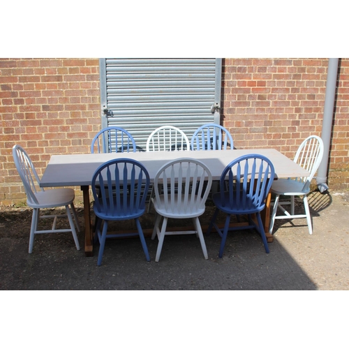 56 - LARGE PAINTED PINE TABLE WITH 8 CHAIRS 
228 X 90 X 70CM