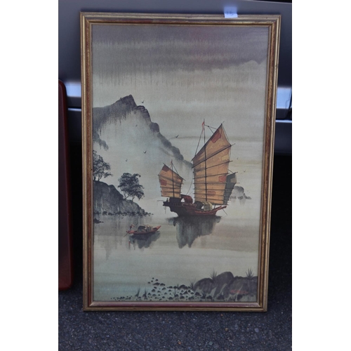 190 - ORIENTAL PRINT AND ORIGINAL OIL ON BOARD 
54 X 33CM