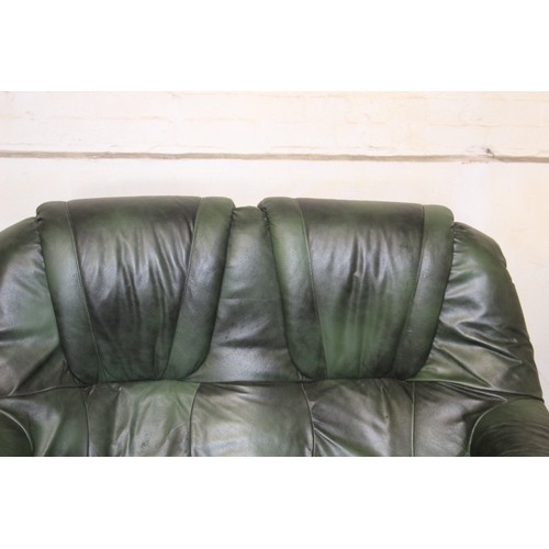 27 - GREEN LEATHER AND WOOD SOFA AND STOOL