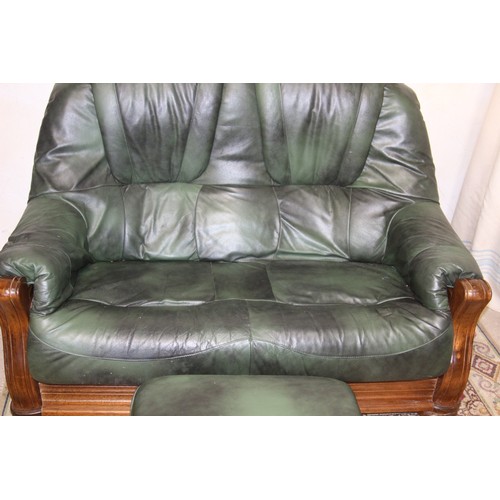 27 - GREEN LEATHER AND WOOD SOFA AND STOOL