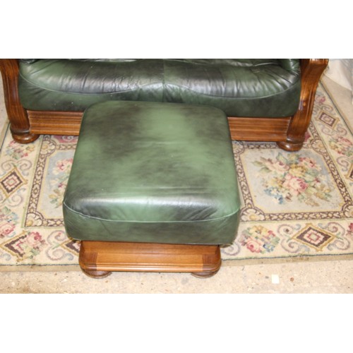 27 - GREEN LEATHER AND WOOD SOFA AND STOOL