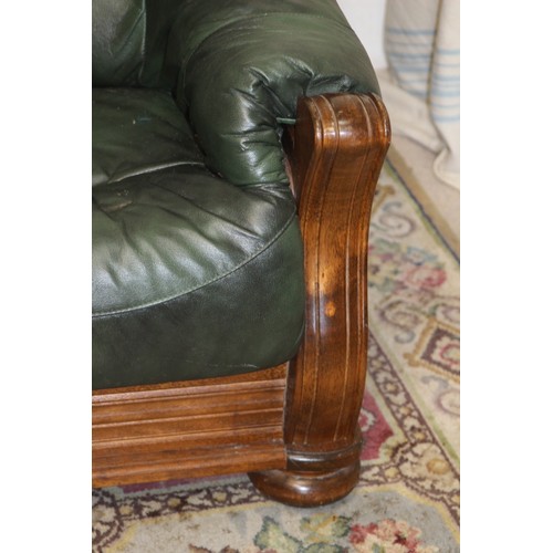 27 - GREEN LEATHER AND WOOD SOFA AND STOOL