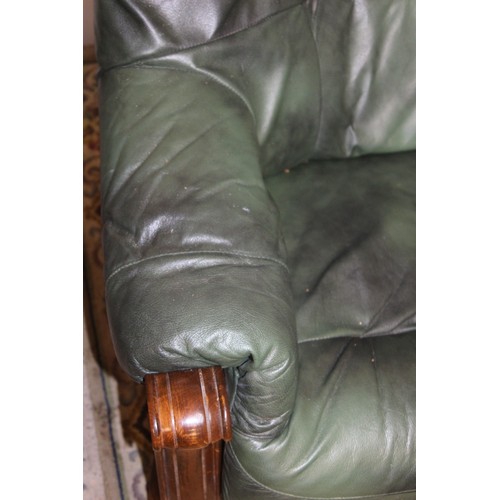 27 - GREEN LEATHER AND WOOD SOFA AND STOOL