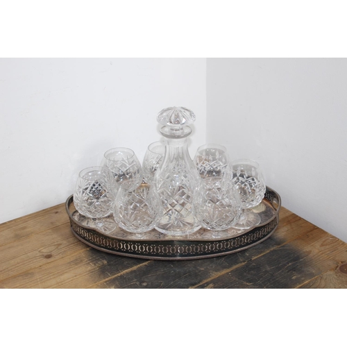 298 - CUT GLASS BRANDY GLASSES AND DECANTER ON TRAY