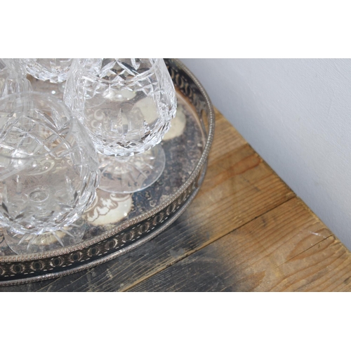 298 - CUT GLASS BRANDY GLASSES AND DECANTER ON TRAY