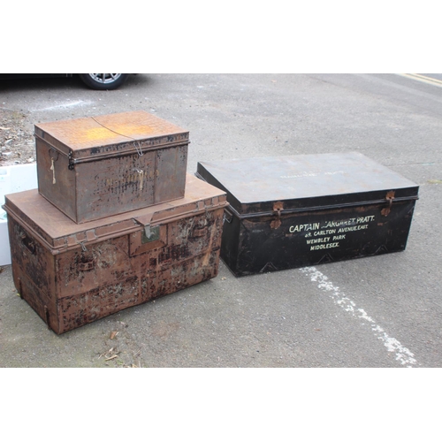 97 - 3 X VINTAGE METAL TRUNKS 
106 X 62 X 41CM