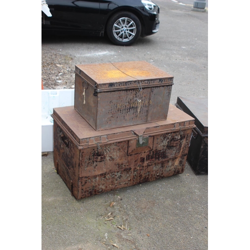 97 - 3 X VINTAGE METAL TRUNKS 
106 X 62 X 41CM