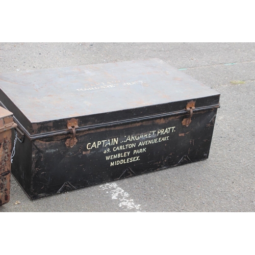 97 - 3 X VINTAGE METAL TRUNKS 
106 X 62 X 41CM