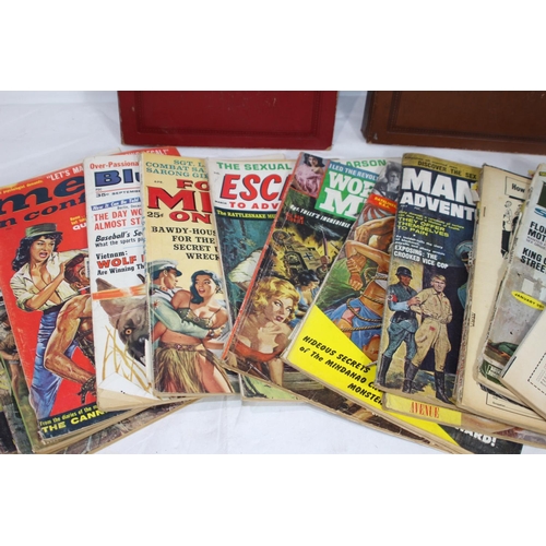 410 - BOX OF VINTAGE RECORDS AND MEN MAGAZINES