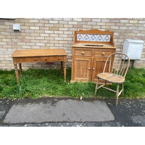 68 - PINE CUPBOARD WASH STAND, DESK AND CHAIR