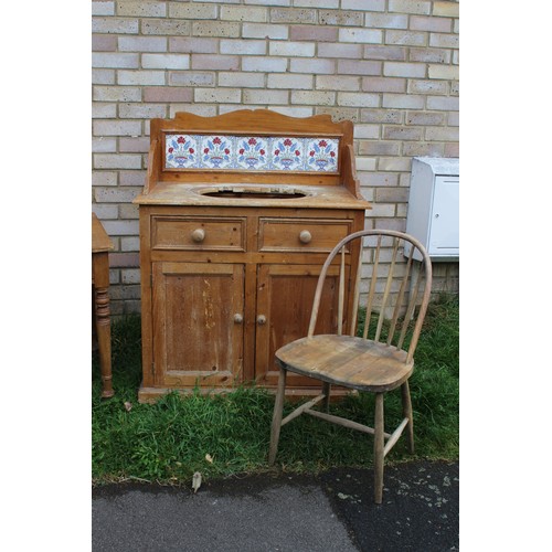 68 - PINE CUPBOARD WASH STAND, DESK AND CHAIR