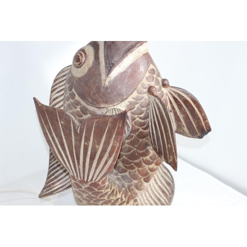 183 - TERRACOTTA CARP FISH LAMP WITH WICKER SHADE 
68CM