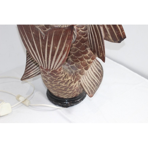 183 - TERRACOTTA CARP FISH LAMP WITH WICKER SHADE 
68CM