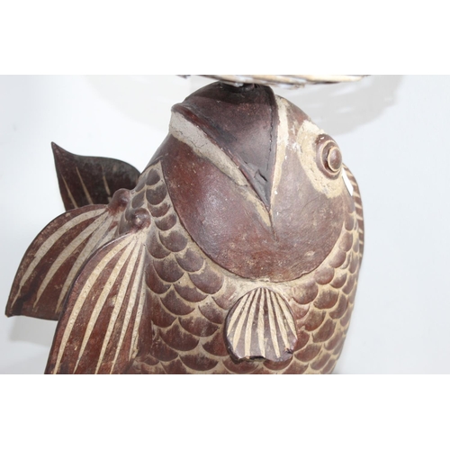 183 - TERRACOTTA CARP FISH LAMP WITH WICKER SHADE 
68CM