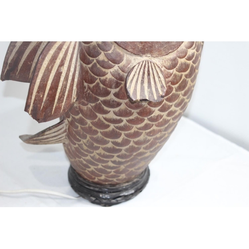 183 - TERRACOTTA CARP FISH LAMP WITH WICKER SHADE 
68CM