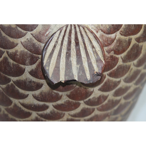 183 - TERRACOTTA CARP FISH LAMP WITH WICKER SHADE 
68CM