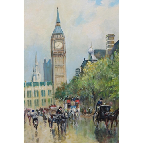 48 - SIGNED OIL ON CANVAS OF LONDON STREET SCENE 
100 X 70CM