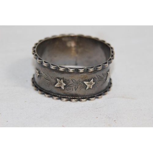 866 - VINTAGE SILVER RATTLE, NAPKIN RING AND BROOCH