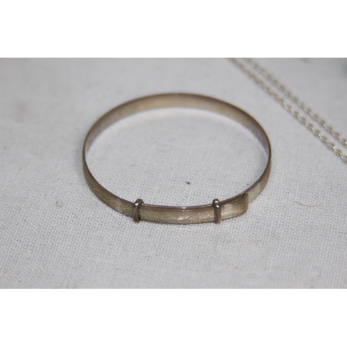 891 - SLIVER BANGLE, NECKLACE AND PILL POT