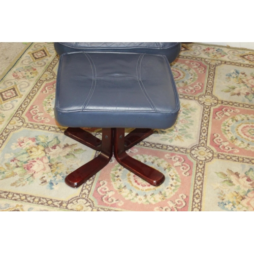 67 - BLUE RECLINING CHAIR AND FOOTSTOOL 
85 X 96CM