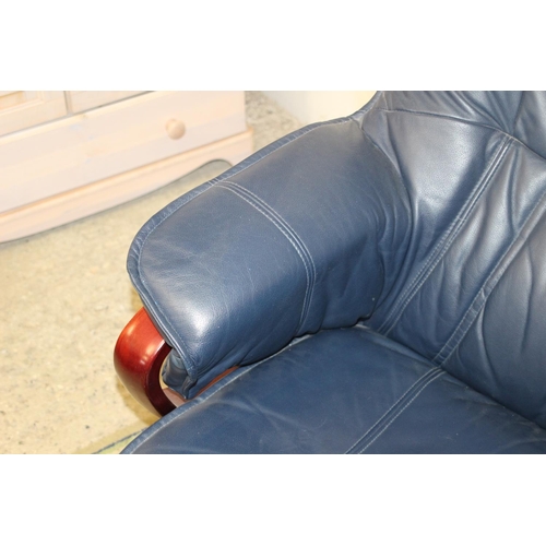 67 - BLUE RECLINING CHAIR AND FOOTSTOOL 
85 X 96CM