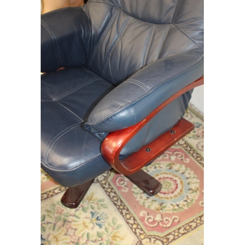 67 - BLUE RECLINING CHAIR AND FOOTSTOOL 
85 X 96CM