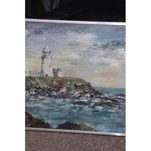 202 - LARGE OIL ON BOARD OF LIGHTHOUSE SCENE SIGNED 
94 X 63CM