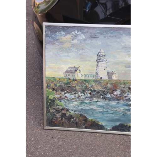 202 - LARGE OIL ON BOARD OF LIGHTHOUSE SCENE SIGNED 
94 X 63CM