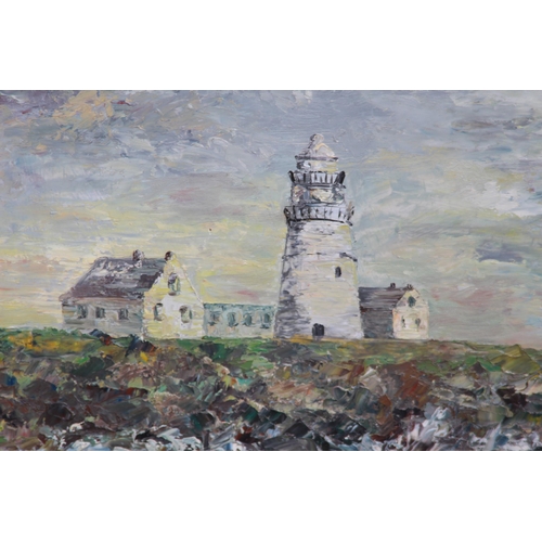 202 - LARGE OIL ON BOARD OF LIGHTHOUSE SCENE SIGNED 
94 X 63CM