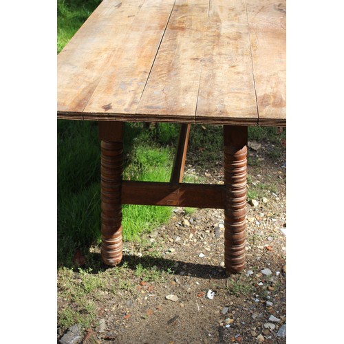 30 - ANTIQUE FRENCH WALNUT PLANK TOP TABLE WITH BOBBIN TURNED LEGS 
169 X 92 X 73CM