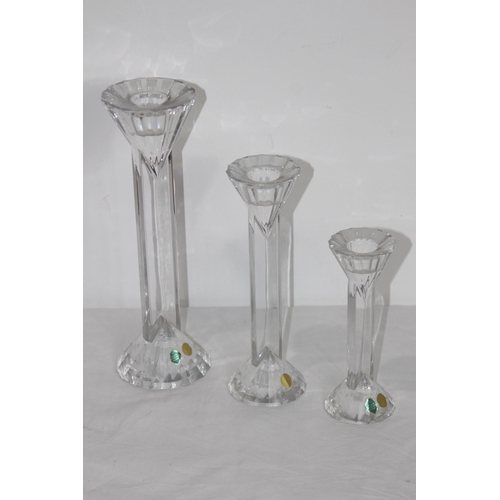 196 - 3 X CRYSTAL BOHEMIA SKLARNY CANDLESTICKS AND ONE OTHER PAIR 
25.5CM