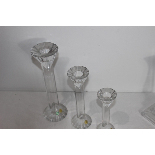 196 - 3 X CRYSTAL BOHEMIA SKLARNY CANDLESTICKS AND ONE OTHER PAIR 
25.5CM