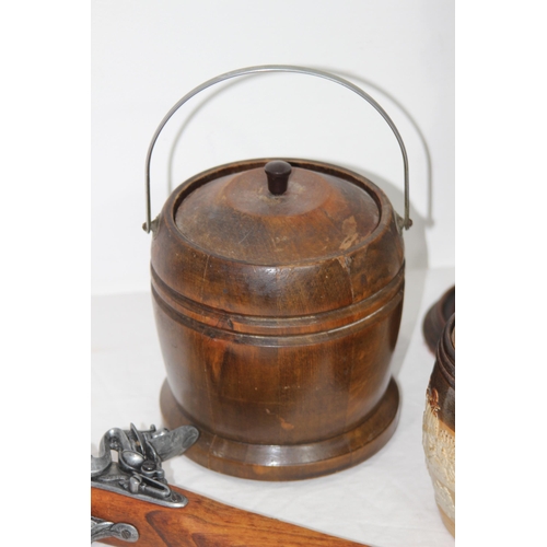 327 - QUANTITY OF TREEN INCLUDING ROYAL DOULTON TOBACCO JAR